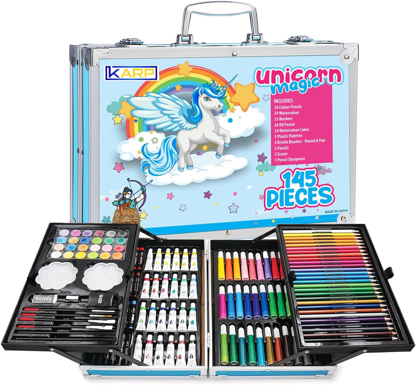 KARP 145 Pcs Children Deluxe Art Drawing Set for Kids Case Studio Art and Craft Supplies Drawing and Painting Set Great Gift (Unicorn Design-Blue)