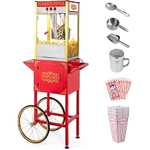 ROVSUN Popcorn Machine with Cart, 10 Oz Kettle Makes Up to 4 Gallons ETL Certified, Vintage Popcorn Maker w/Scoop, Oil Spoon, Bags & 3 Popcorn Cups, Movie Theater Style Popper for Commercial Home, Red
