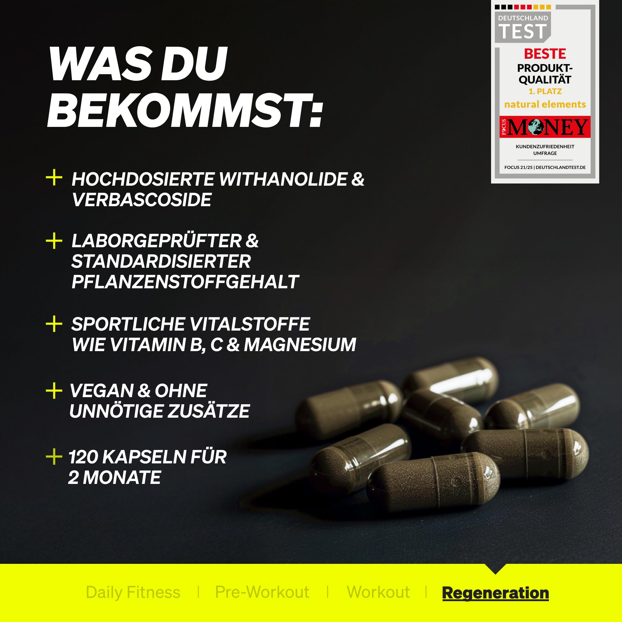 natural elements Ashwagandha Komplex – 600mg pro Tagesdosis – 120 Kapseln – mit KSM-66, Zitronenverbene, Magnesium, Folsäure und Vitamin C, B6 und B12 – hochdosiert & vegan – laborgeprüft