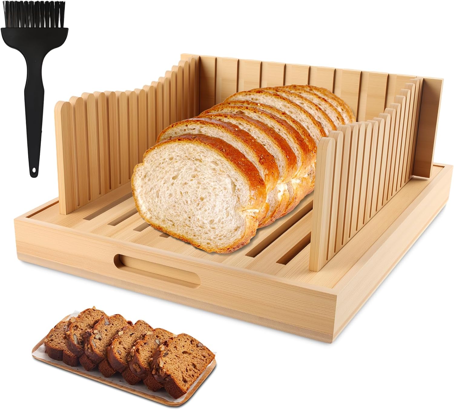 Bread Slicer for Homemade Bread & Sourdough Rounds - Adjustable Bamboo Bread Cutter with Foldable Crumb Tray, 3-Width Guide - Perfect Slicer for Loaf, Bagels, Cake (No Knife Included)