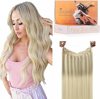 DOORES Secret Hair Extensions prawdziwe włosy, 55 cm, 120 g, popielaty blond, pasemka, platynowy blond, niewidoczna przezroczysta linia, regulowana treska, przedłużenie włosów z klipsem, prawdziwe