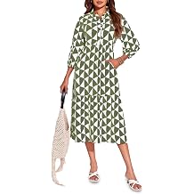 Wenrine Womens Boho Midi Dress Long Sleeve Casual Color Block Beach Button Down Shirt Dress