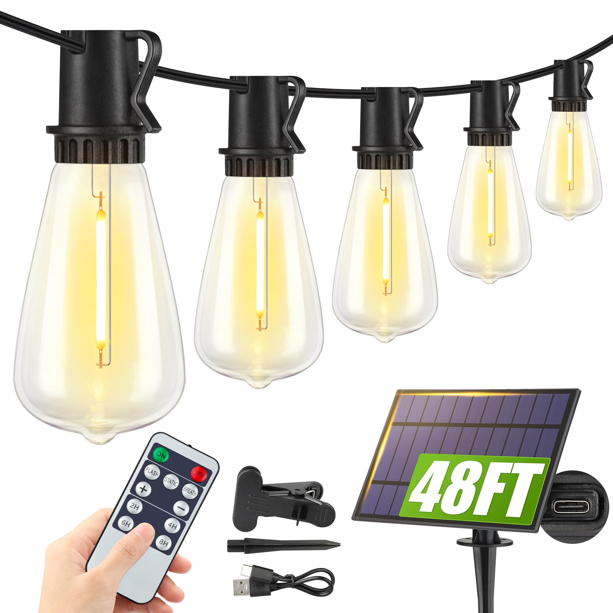 Larkvue 48FT Solar String Lights Outdoor with Remote, Waterproof Dimmable Patio Lights with 18+1 LED ST38 Bulbs 3 Modes Hanging Lighting for Backyard