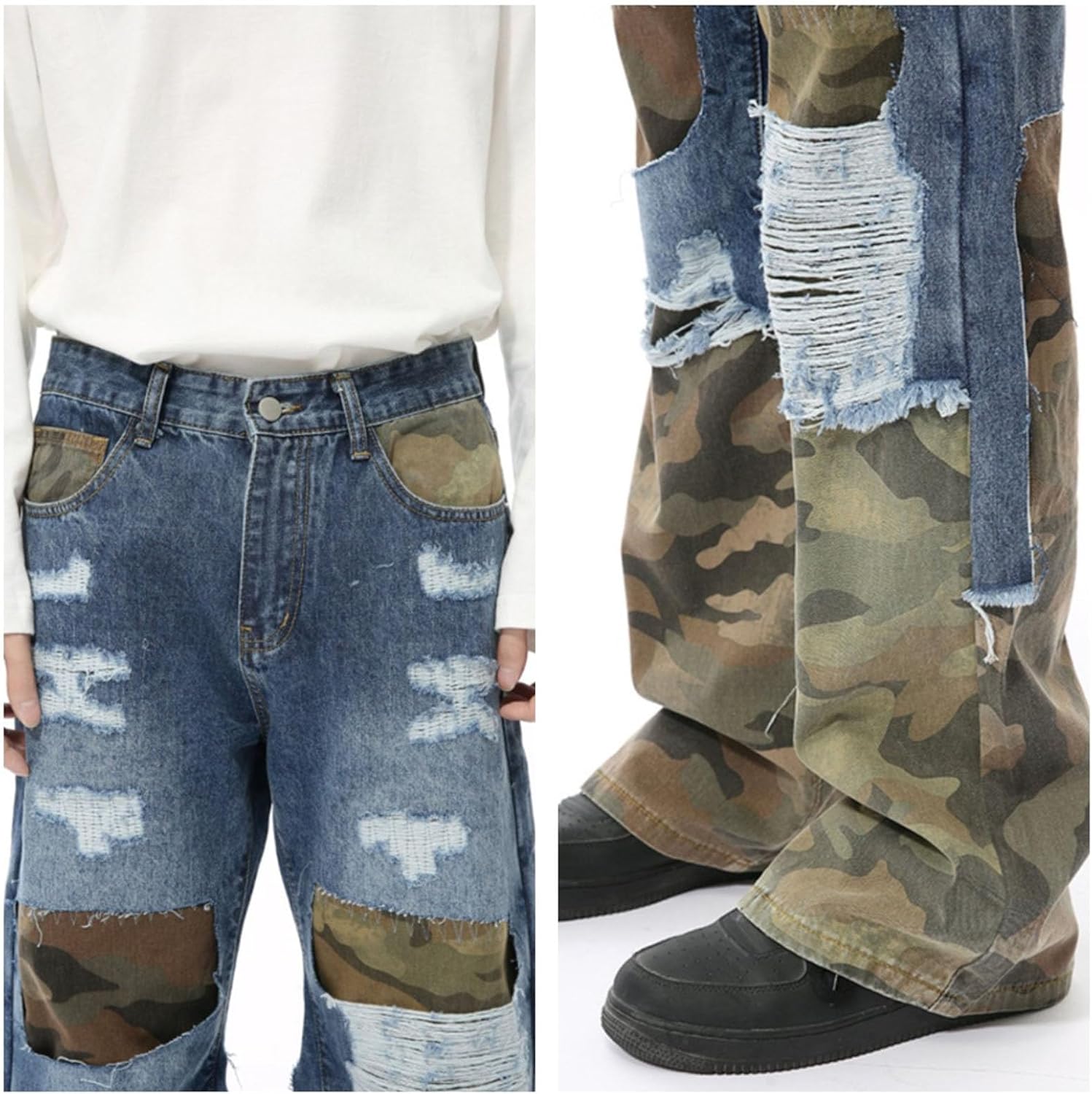 [TBFEGJUGA] メンズストレートジーンズ トレンディなダメージ加工 カモフラージュパッチワーク Y2Kストリートウェア 裾切