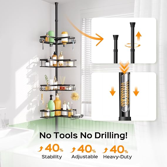 HAMITOR Shower Caddy Tension Pole: Corner Bathroom Organizer for Renters