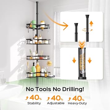 HAMITOR Shower Caddy Tension Pole: Corner Bathroom Organizer for Renters