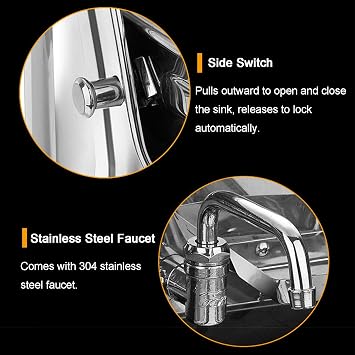 Stainless Steel Folding Sink with Cold Water Faucet, Wall Mount Hand Wash Basin Bar Caravan RV Sink, Small Outdoor RV Kitchen Sink (White 37 * 39 * 37.5cm)