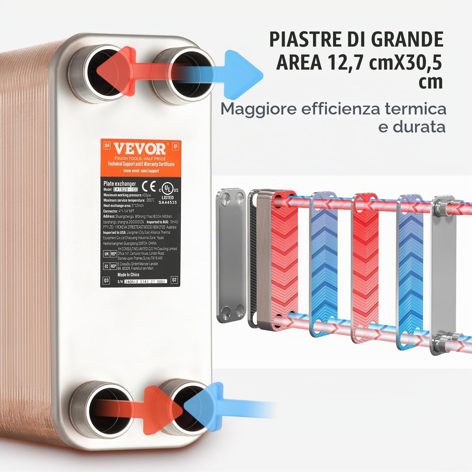 VEVOR Scambiatore di Calore, Piastre Brasate in Rame o Acciaio Inossidabile 316 L 127x305 mm, 80 Piastre, per Riscaldamento a Pavimento, Riscaldamento Acqua, Scioglimento Neve, Raffreddamento Birra