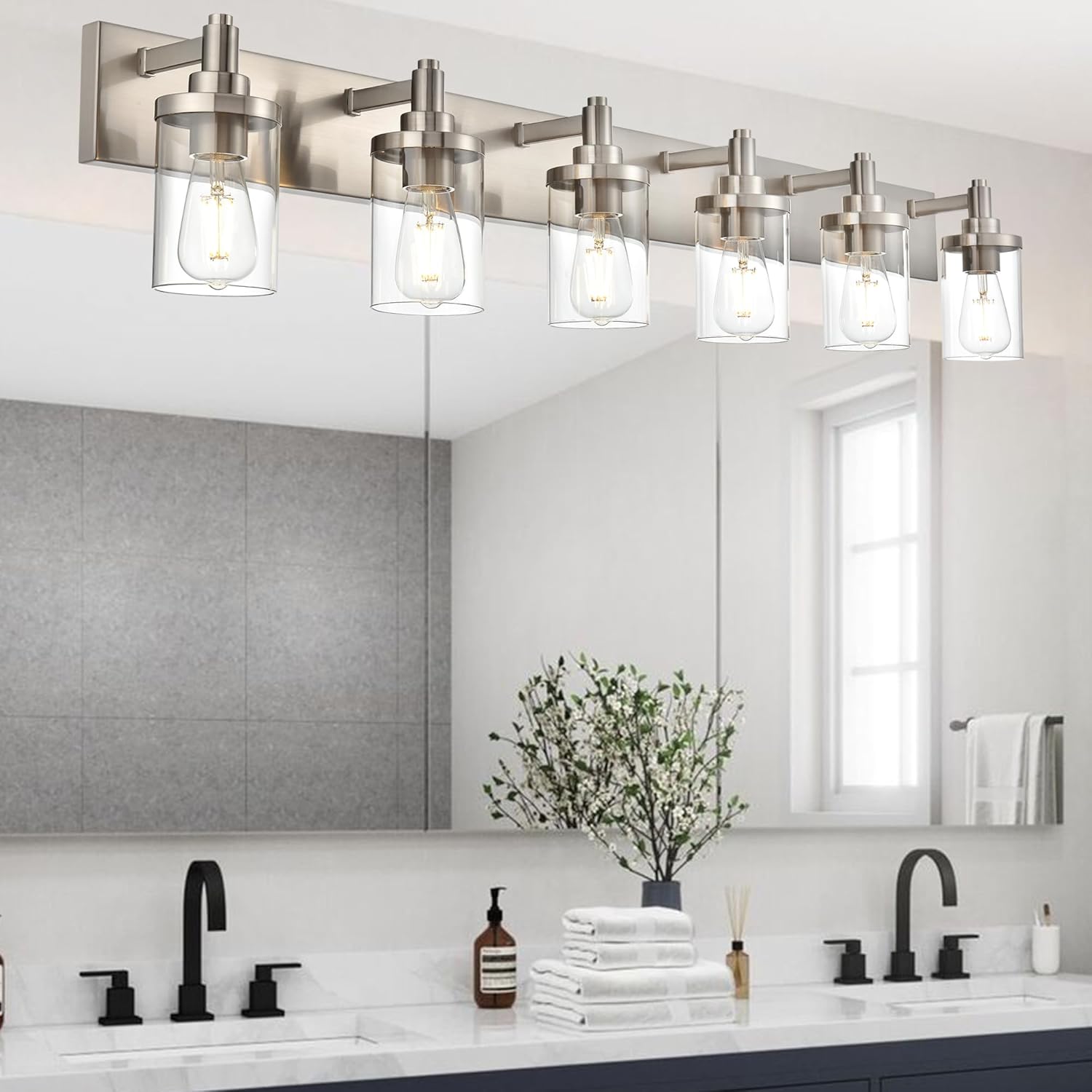 6-Light Vanity Light Fixture Modern Bathroom Light Fixtures Over Mirror, Brushed Nickel Finish with Clear Glass Wall Sconces Lighting for Bathroom Mirror Bedroom Kitchen Corridor Staircase