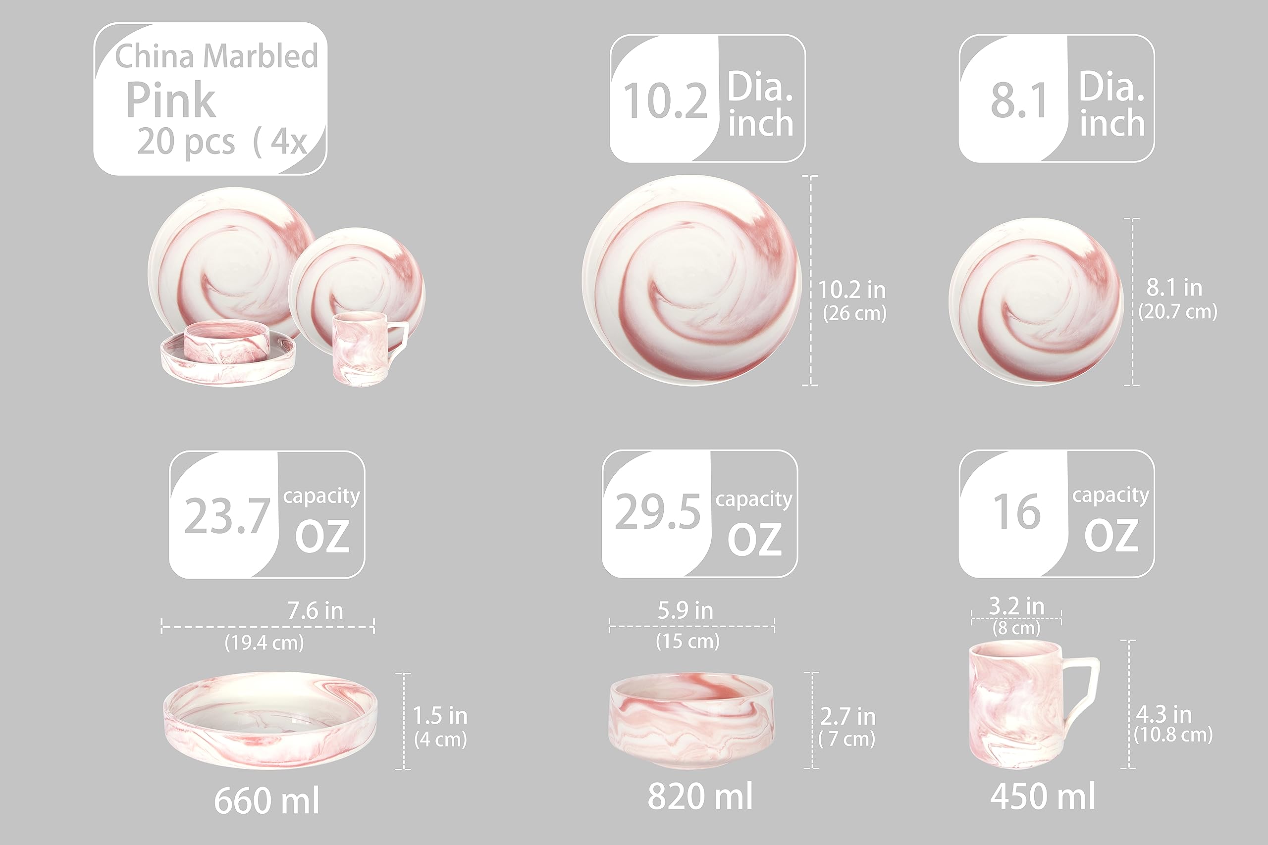 Home VSS, Fine China Artisan Marbled Dinner Set (16pc Set, Pink)
