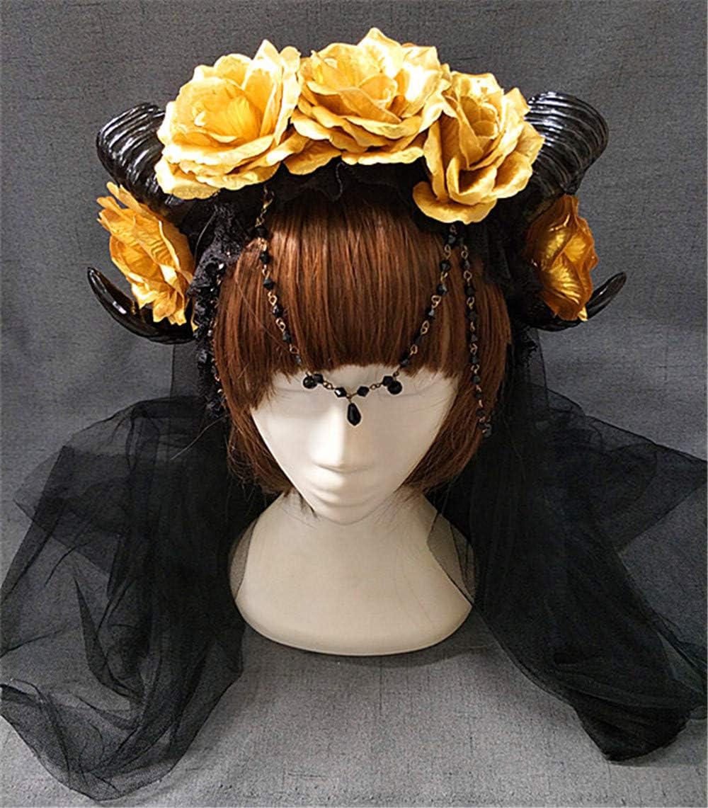 Restyle Sheep Horn Rose Flower Headband Gothic Beauty Horror Horns Halloween Black Veil Lace Retro Hair Accessories Vintage (A)