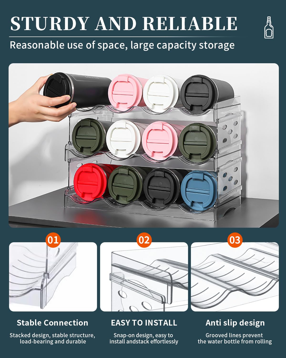 Botellero - Nevera que ahorra espacio, apilable y transparente - Ideal para botellas de agua, botellas de agua, vasos con pajita y latas (4 capas 12 botellas)