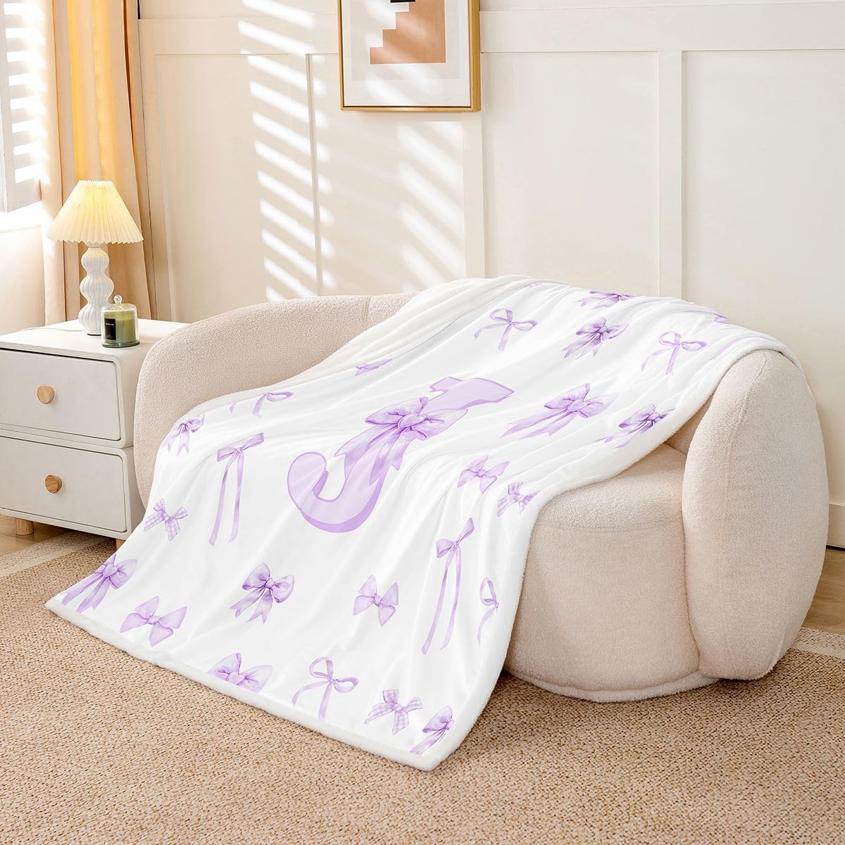 Erosebridal Cute Purple Bow Baby Size Sherpa Blanket for Kids Monogram Letter J Fuzzy Plush Throw Coquette Bowknot Fleece Blanket for Girls Teens Personalized Initial Letter Decor for Bed Couch