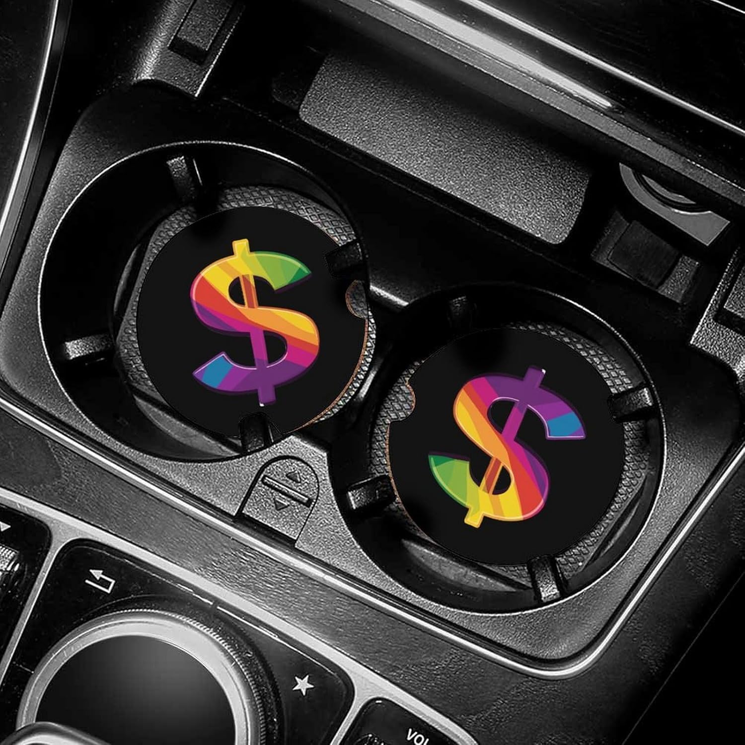 Rainbow Dollar Sign Car Cup Holder Coaster with Cork Base 2.6 Inches Anti Slip
