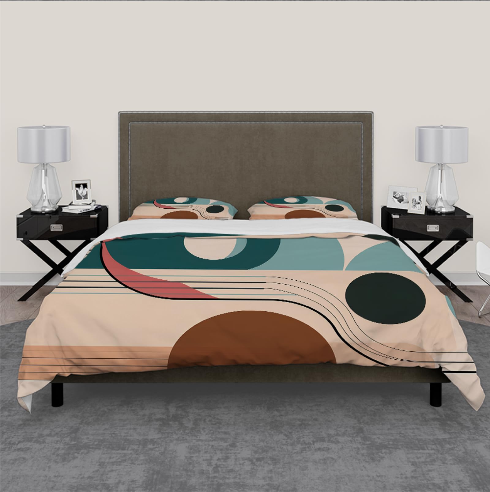 Geometryczny turkusowy zestaw pościeli w stylu retro Pojedynczy jasnobrązowy 70. Paleta Neutralne kolory Geometryczny wzór Poszwa na kołdrę 3 sztuki 260x240cm