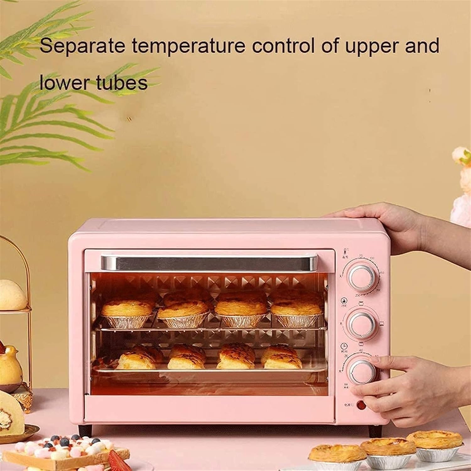 Mini oven with separate temperature control for upper and lower heating elements