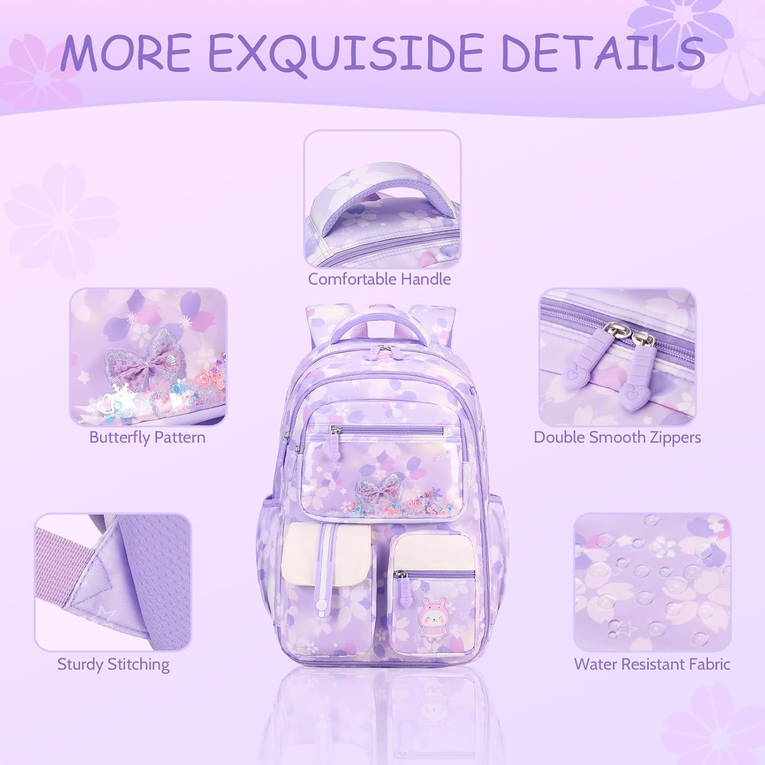 Kids School Backpack for Girls, Bookbag Backpack with Lunch Box & Pencial Pouch Set for Girls Kids Teens Elementary Middle School Student, Girl Backpacks for Schools (Purple) - Image 3