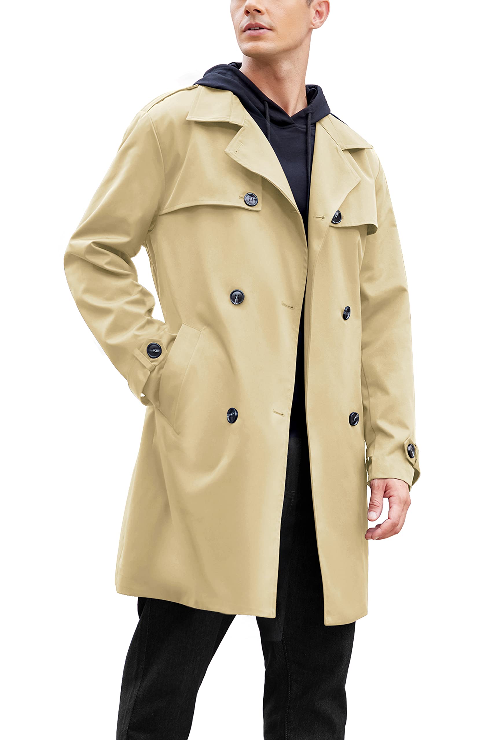 COOFANDY Men's Trench Coat Slim Fit Notch Lapel Double Breasted Belted Lightweight Windbreaker Casual Long Jacket Overcoat