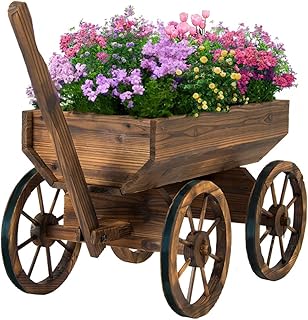 Wood Wagon Planter for Outdoor Balcony Decor - Garden Rustic Wooden Flower Cart with Wheels for Outside - Decorative Indoor - Wheelbarrow Planter for Patio -Reinforced Wheel