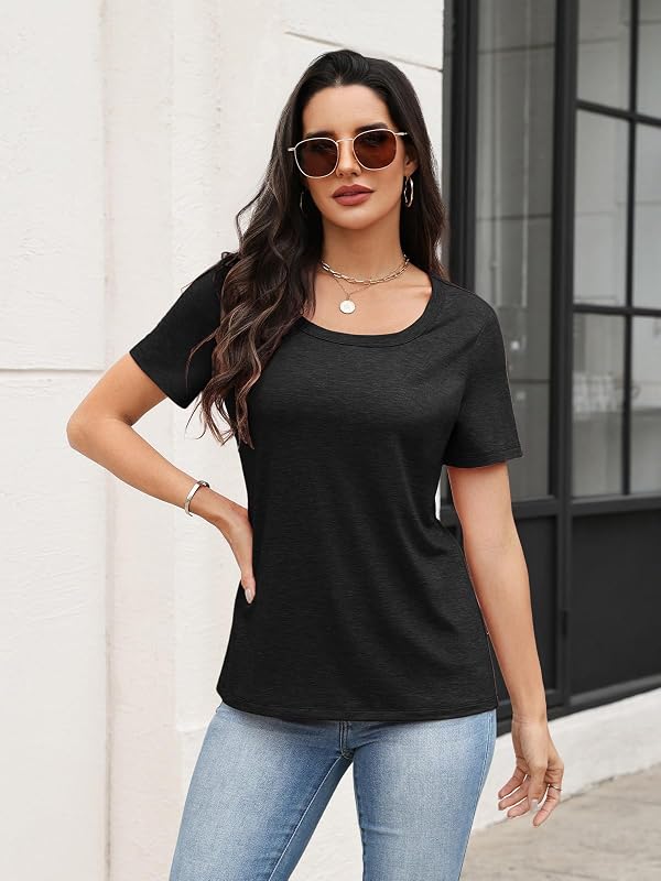 TICTICMIMI Women's Square Neck Short Sleeve Tops Casual Loose Fit T Shirts Solid Color Basic Tees Black by TICTICMIMI - Used condition - Image 3