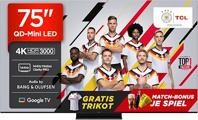 TCL 75Q7C 75 Zoll QD-Mini LED Fernseher, 4K HDR Premium 3000, Smart TV unterstützt durch Google TV (Dolby Vision IQ & Atmos, CrystGlow HVA Panel, Audio von Bang & Olufsen, 144Hz Motion Clarity Pro)