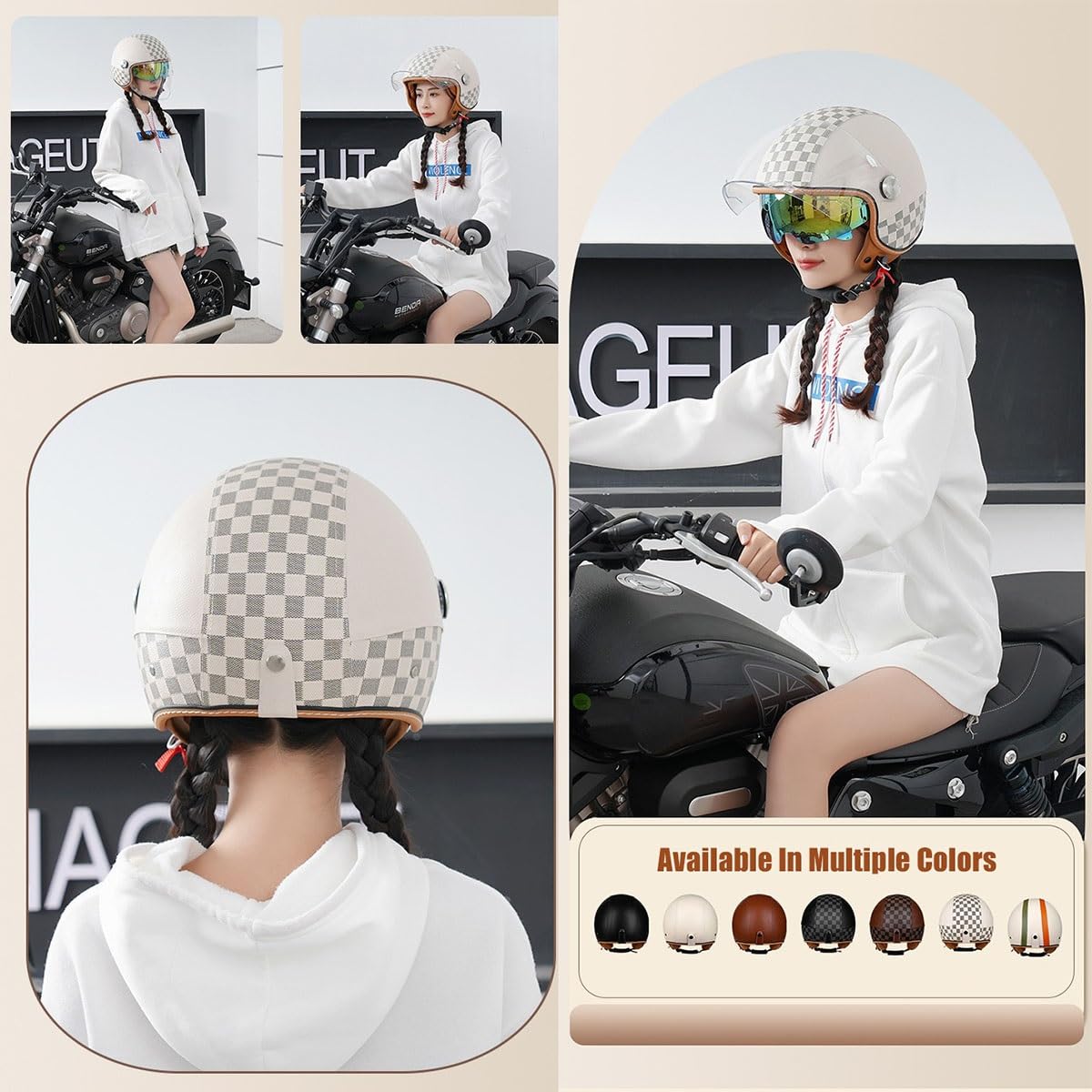 EBAYIN Casco Moto Vintage Retro Abierto, Casco Moto Jet Casco Vintage con Bluetooth Ciclomotor, Casco Scooter Doble Visera, Homologado ECE For Hombre Y Mujer(D,M=(57~58cm))