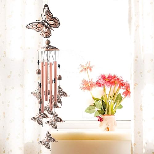Vista 3 de Campanillas de viento de mariposa de latón, campanillas de viento de condolencias para exteriores, regalos para mamá, decoración de campanillas