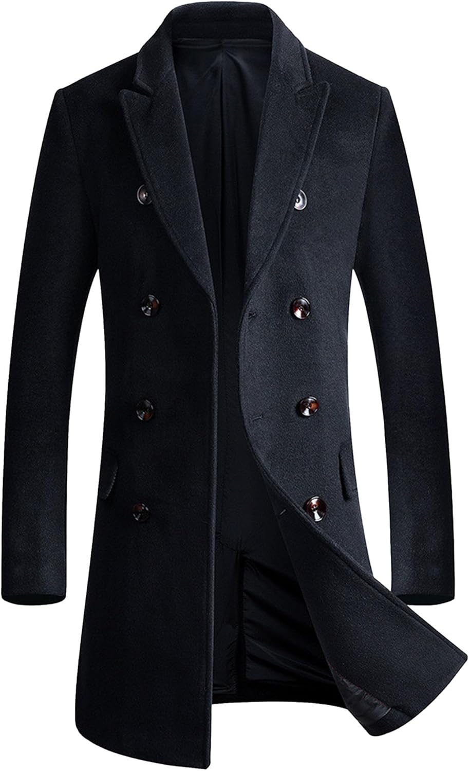 Men'S Wool Blend Pea Coat Classic Double Breasted Trench Coat Warm Winter Business Mid Long Cotton Overcoat