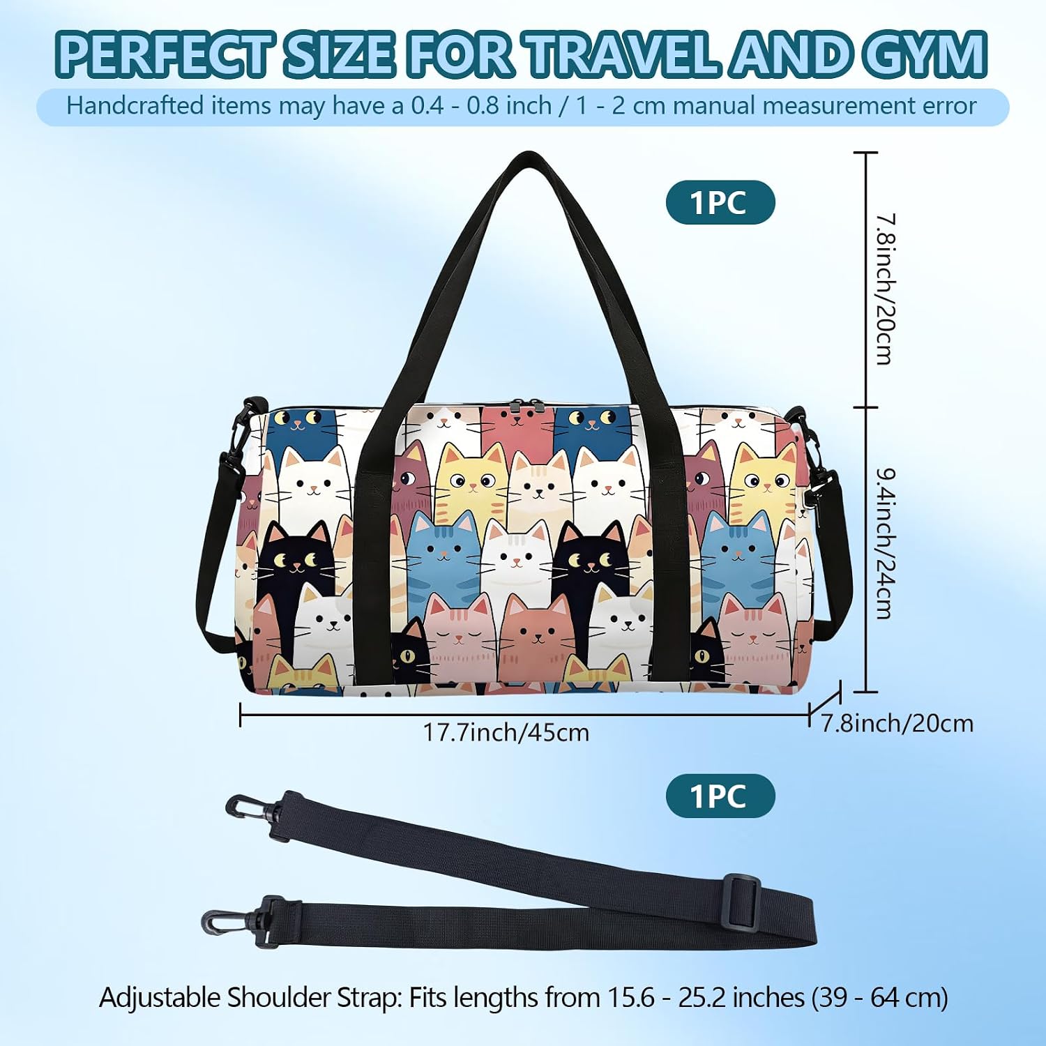 Stacked Cats Sports Gym Bag Repeating Cat Pattern Printed Duffel Bags Foldable Gym Bag For Men Women Travel Workout Fitness, 17.7x7.87x9.44inches image 2