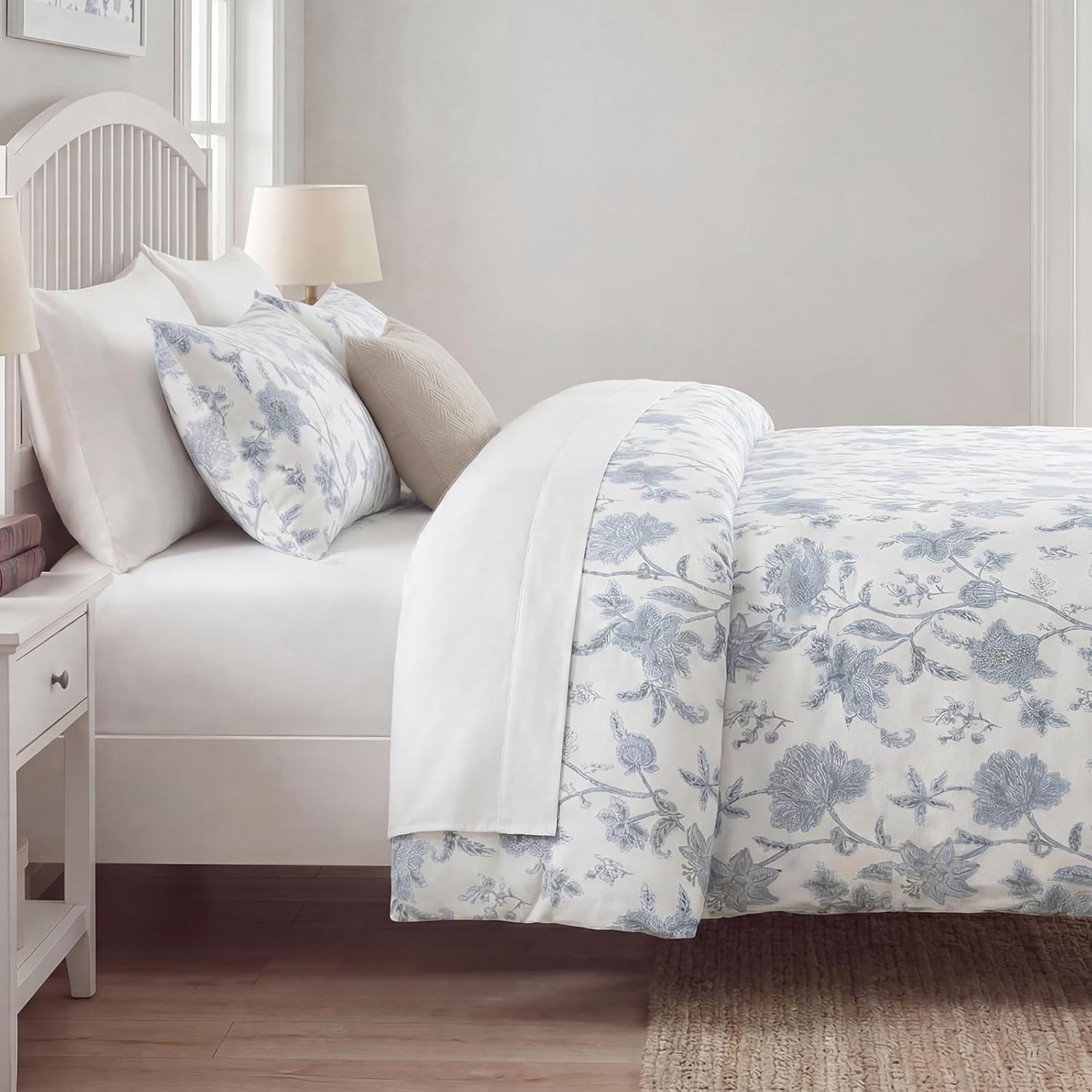 MOVE OVER Blue Floral Duvet Cover King Size, 100% Cotton Bedding Set with Zipper Closure & Corner Ties, Soft Breathable Branches Botanical Floral Duvet Cover Set for All Seasons