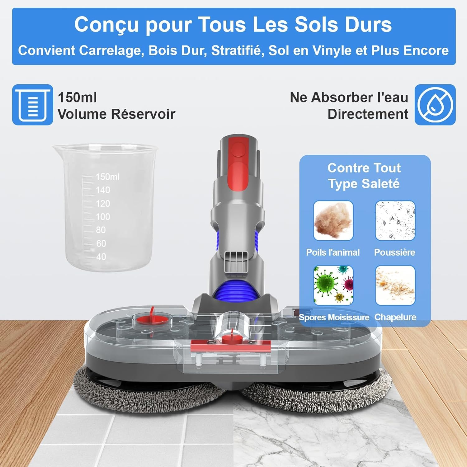 Tête de Vadrouille Électrique pour Aspirateur Dyson V7/V8/V10/V11/V15, avec Réservoir d'eau Amovible, 12 Vadrouilles Lavables, Gris