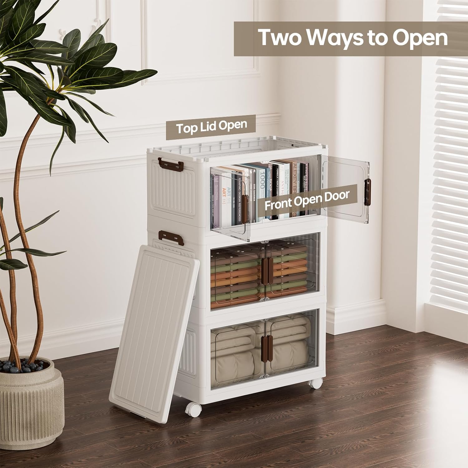 58 Qt Stackable Plastic Storage Bins with Lids, Collapsible Closet Organizer and Drawers, Stackable Storage Containers with Wheels(5 Pack)