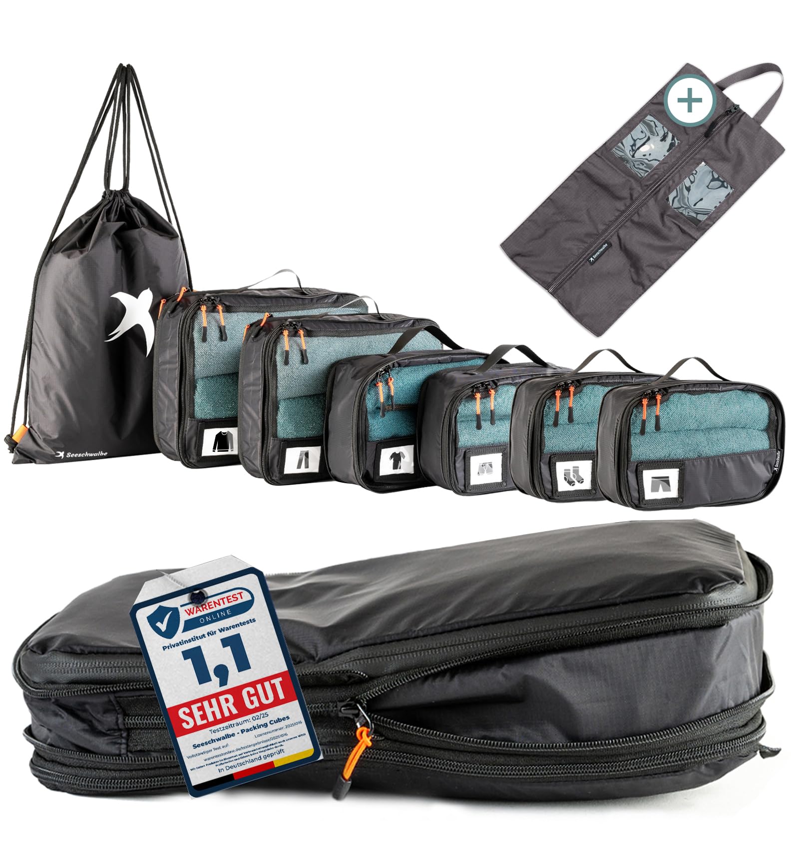 SEESCHWALBE Packing Cubes Compression | Premium Packwürfel kompression als ultraleichte Rucksack Organizer oder Koffer Organizer | inkl. Schuhbeutel (8-teilig, schwarz)