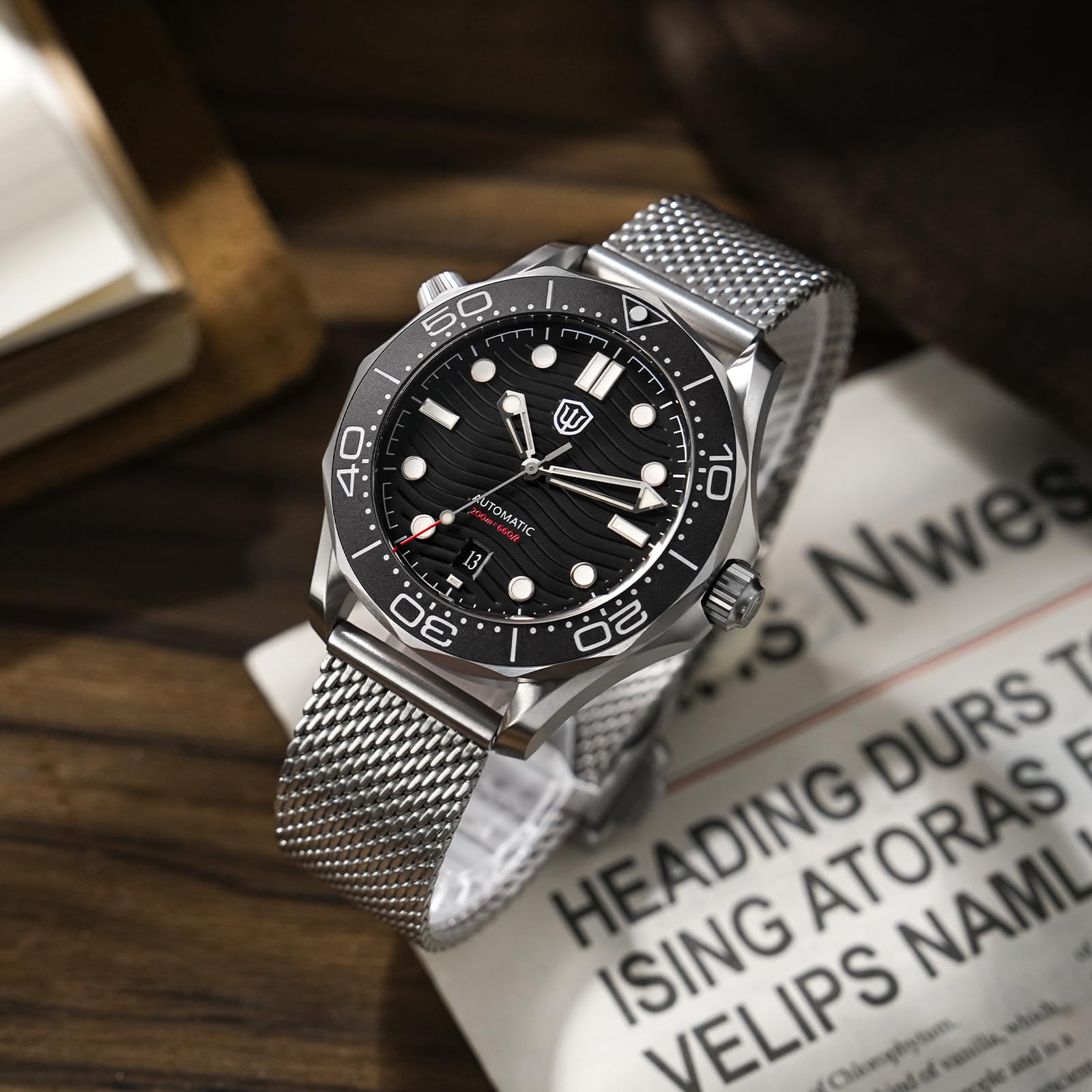 watchdives WD007 39mm Titanium Automatik Taucheruhr für Herren, PT5000 Hochfrequenz Mechanisches Uhrwerk, Grad 2 Titangehäuse, Top Hat Saphirglas, 200M Wasserdicht, BGW9 Leuchtende Militär Taucheruhr