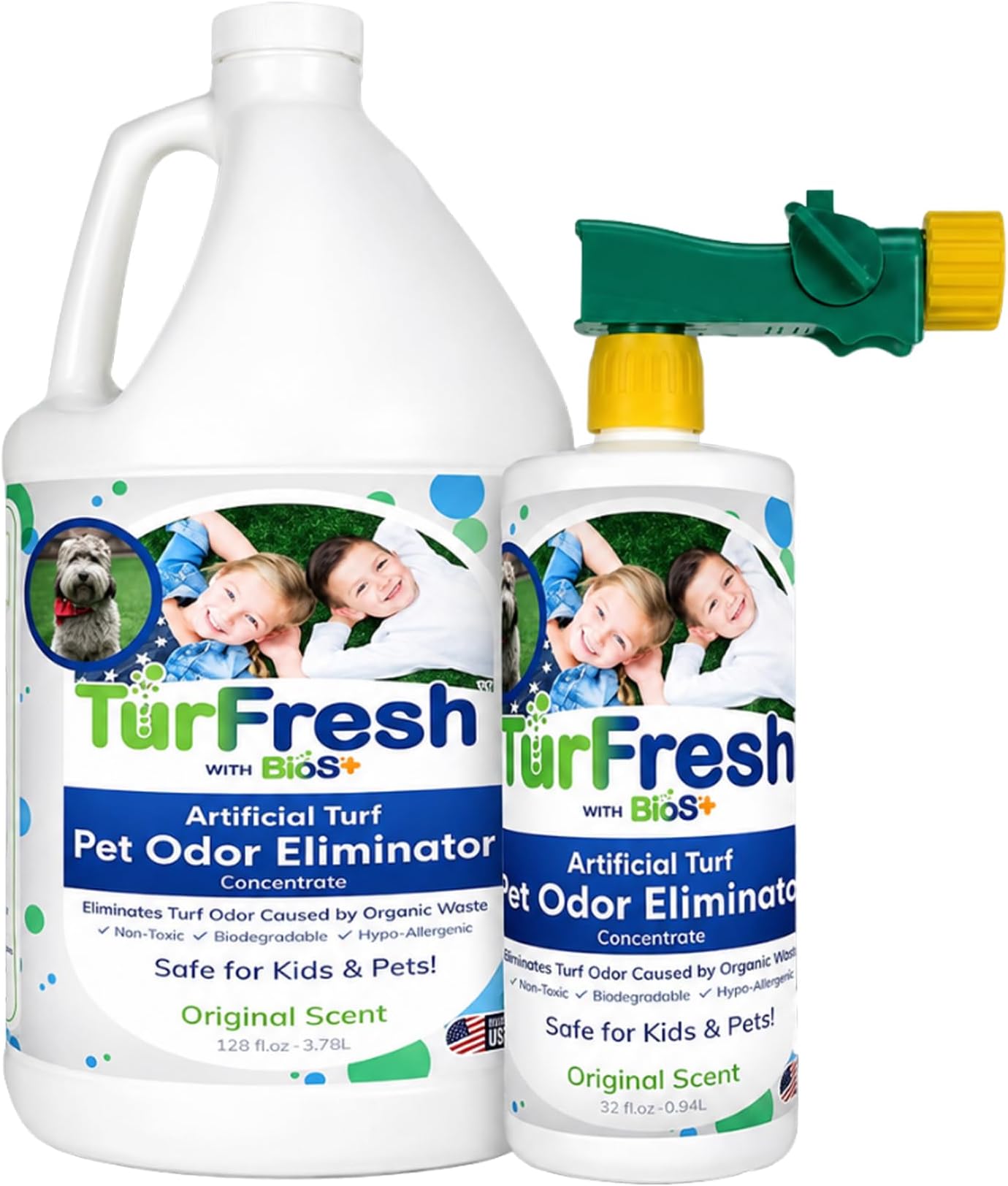 BioS+ Artificial Turf Odor Eliminator Value Pack โ Yard Deodorizer โ Enzyme Concentrate for Pet Urine & Feces โ Safe for Kids & Pets โ 1 Gallon & 32 oz Bottle Sprayer, Original Scent