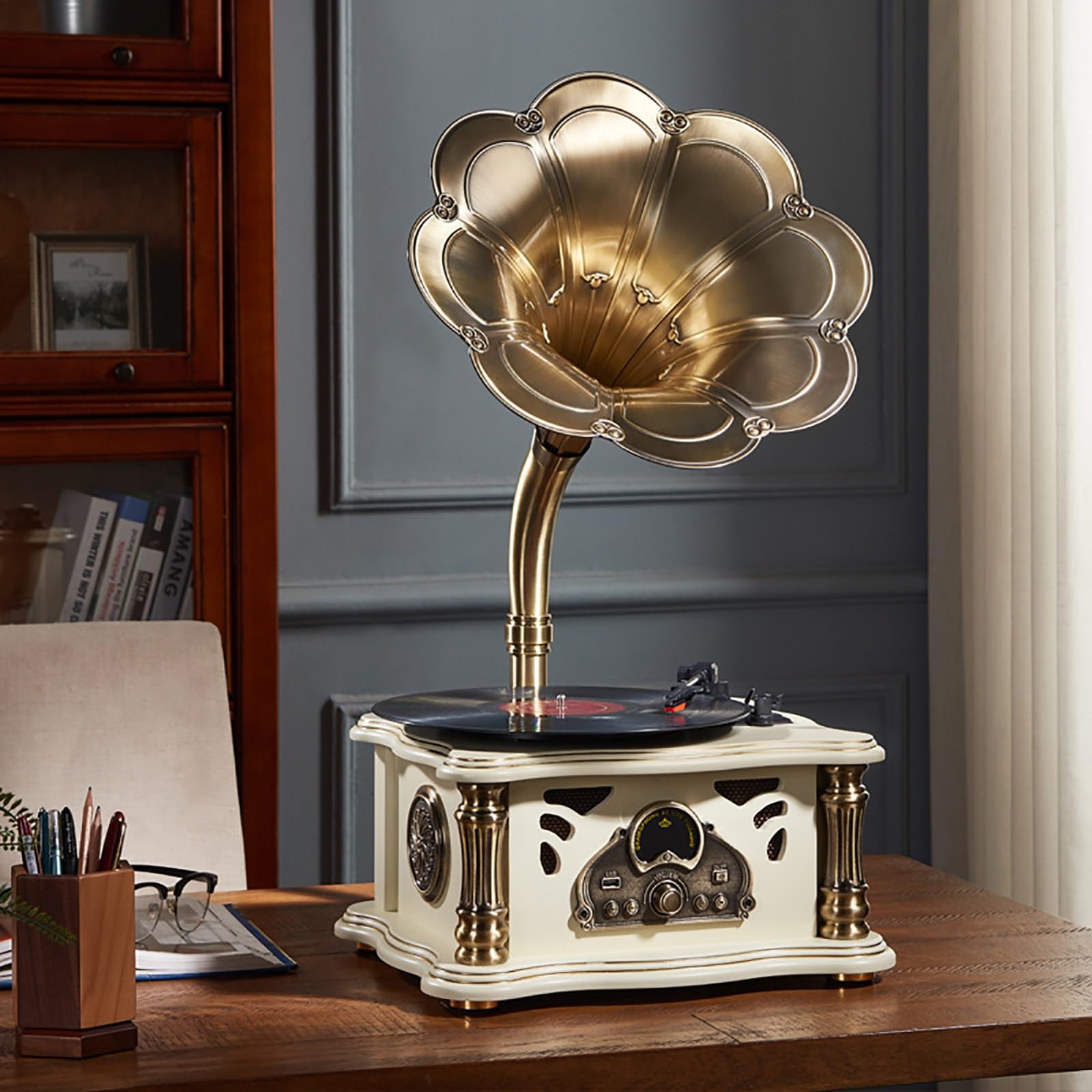 Giradischi vintage, dischi grammofonici in vinile antichi, giradischi radio fonografo Bluetooth con corno in ottone for 33/45/78 giri/min, telecomando senza fili Lautsprecher for la decorazione ( Colo