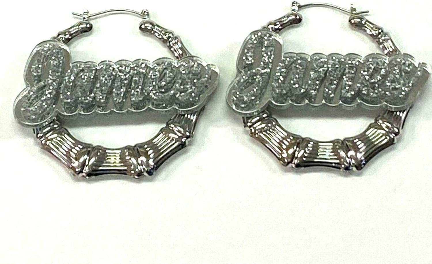 Personalized Custom Silver 2.5 Inch Size Bamboo Earrings Hoop Name Plate Laser Cut Diamond Look Script Cursive Letters Design Stunning Look - Quality, Attractive Gold Bamboo Earrings, Made To Order - Any Name