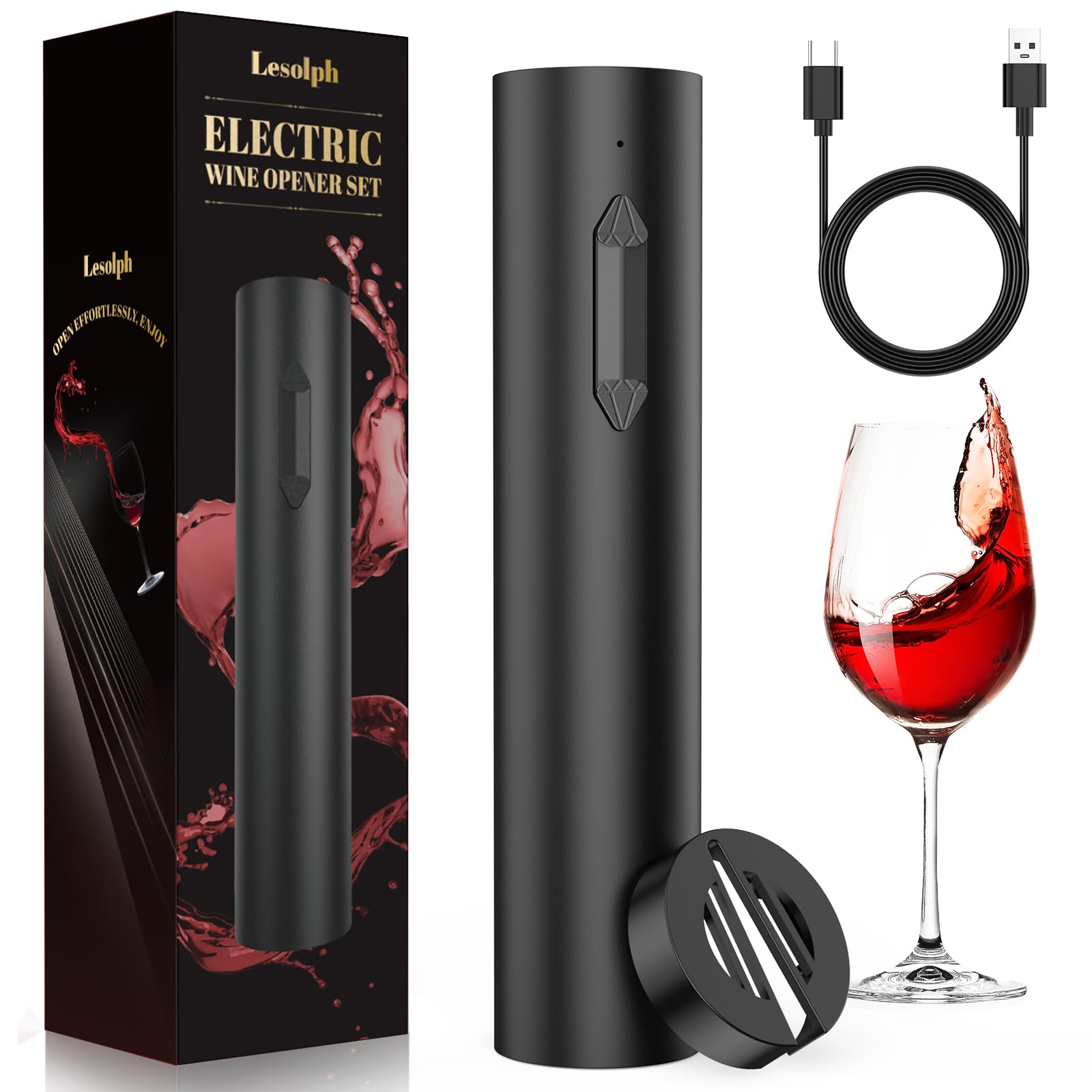 Sacacorchos eléctrico recargable, abridor de vino electrico saca rolhas profesional regalos para hombre mujere abrebotellas con cortador láminas y cable USB, ideal para hogar y bar