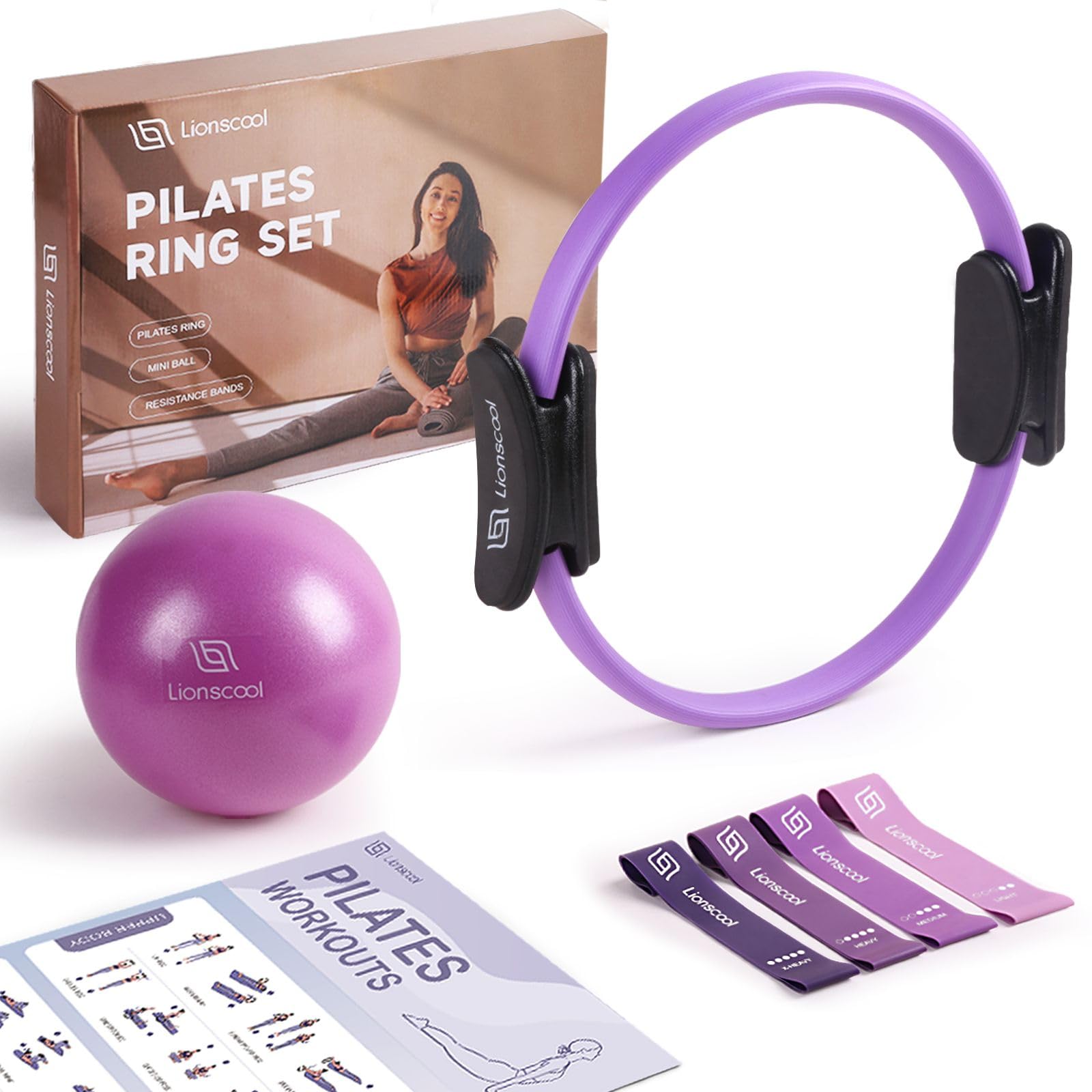 LIONSCOOL Pilates-Ring-Set – 14“/35cm Magic Circle mit Doppelgriffen – Inkl. platzfestem Miniball, Widerstandsbändern, Anleitung und Tasche