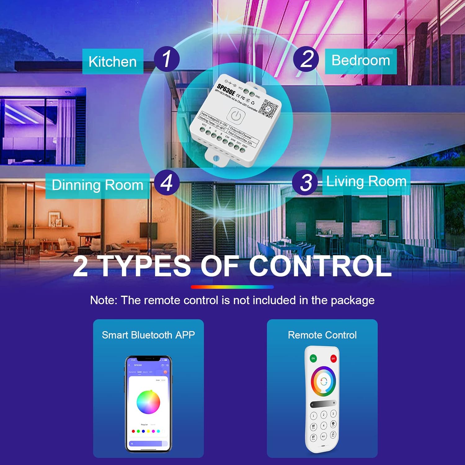 RGBZONE Bluetooh LED Controller, Smart APP Control, DC5V/12V/24V SP630E LED Controller, Mic Music Sync, Support PWM Single Color CCT RGB RGBW RGBCCT Or SPI TTL IC Chip LED Strip WS2811 WS2812B etc.