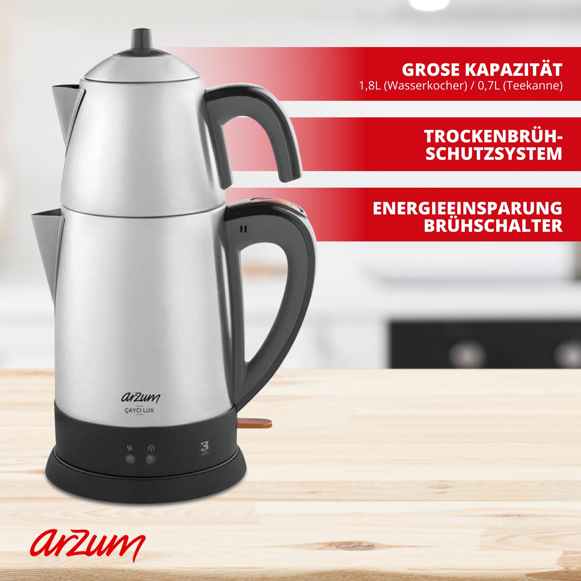 ARZUM Cayci Lux Inox Teebereiter, türkische Teekanne, Edelstahl, 0,7 l Topfkapazität, 1,8 l Warmwasserbereiterkapazität – 2100 W