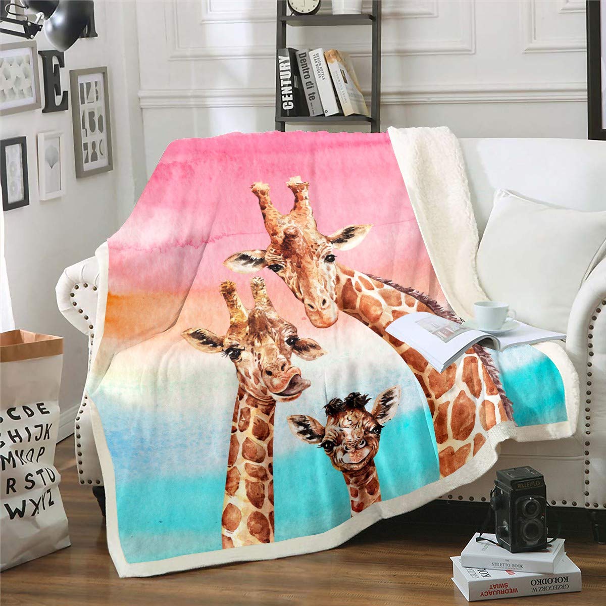 Erosebridal Coperta In Pile Giraffa Rosa E Fiori – Doppio Lato: Flanella Stampa E Sherpa Morbida, Per Bambine E Ragazze - 2