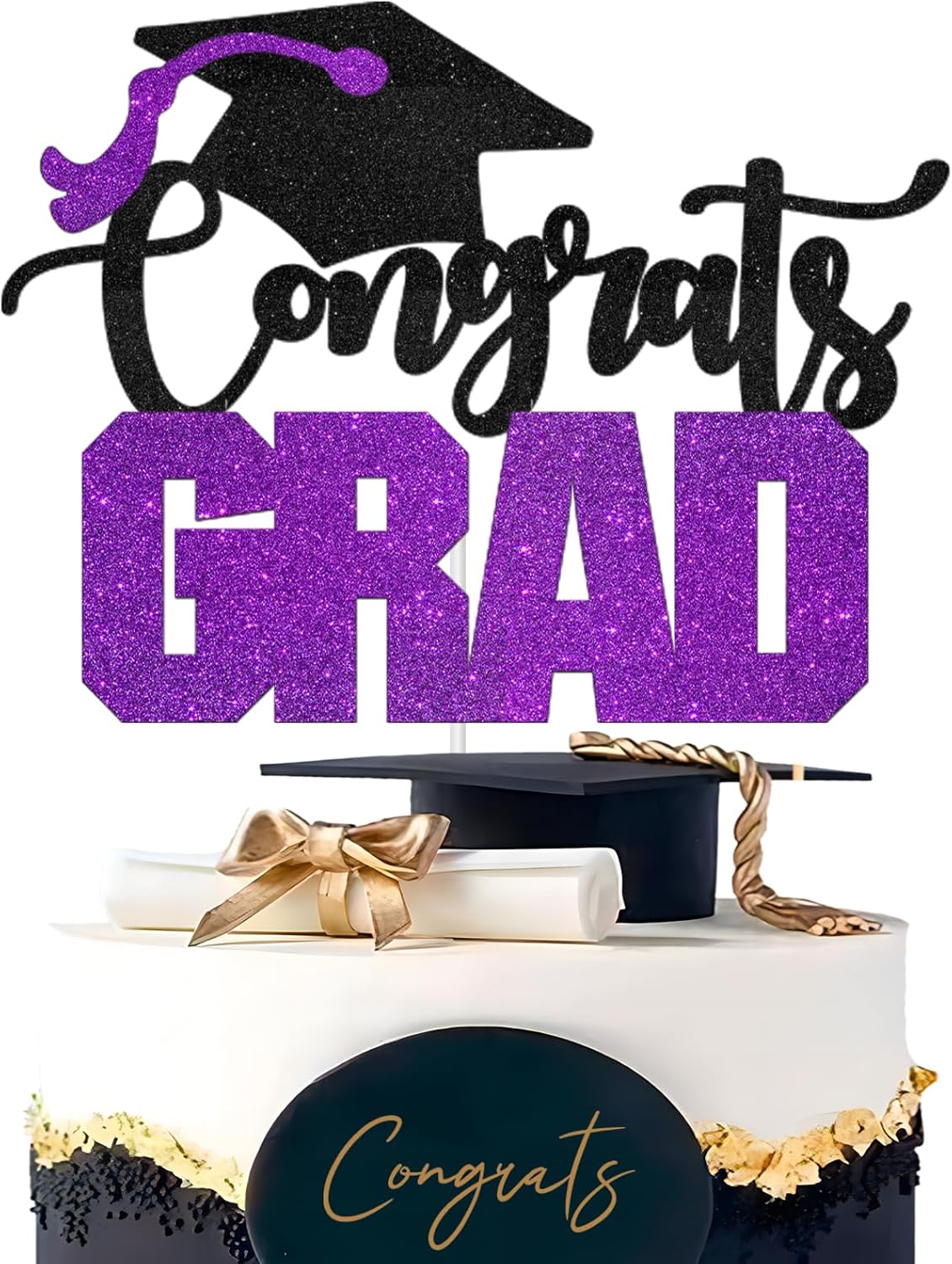 Congrats Grad Cake Topper - High Sohool/College Graduation Party Decoration Supplies - Congratulations Class of 2025 Party Cake Decorations (Purple)