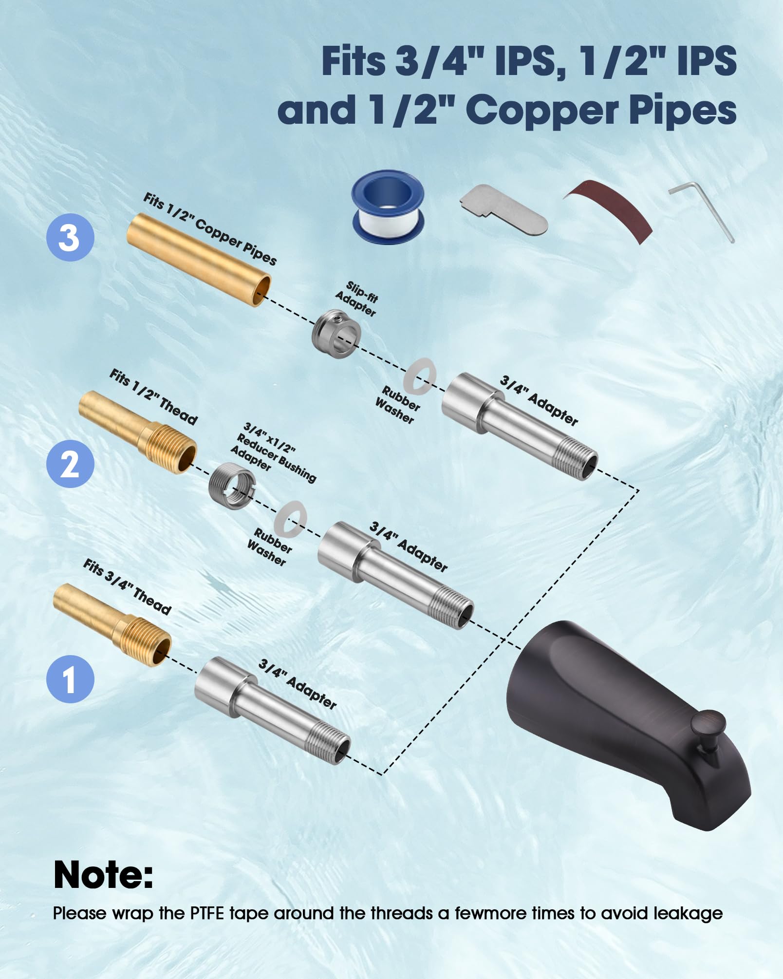 Boquilla de bañera de metal con desviador, boquilla de bañera de 5.3 pulgadas, se adapta a tubos roscados IPS de 1/2 pulgada y tubos roscados IPS de 1/2 pulgada o 3/4 pulgadas, fácil elevación para