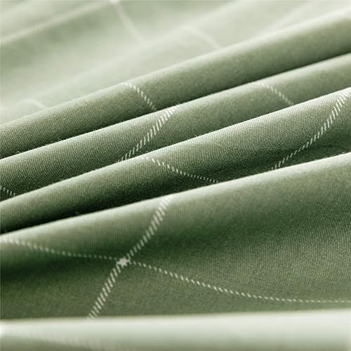 Miniatura 5 de JELLYMONI Juego de funda de edredón de 2 piezas de 100 % algodón natural, color verde con patrón geométrico de cuadrícula blanca, con cierre de