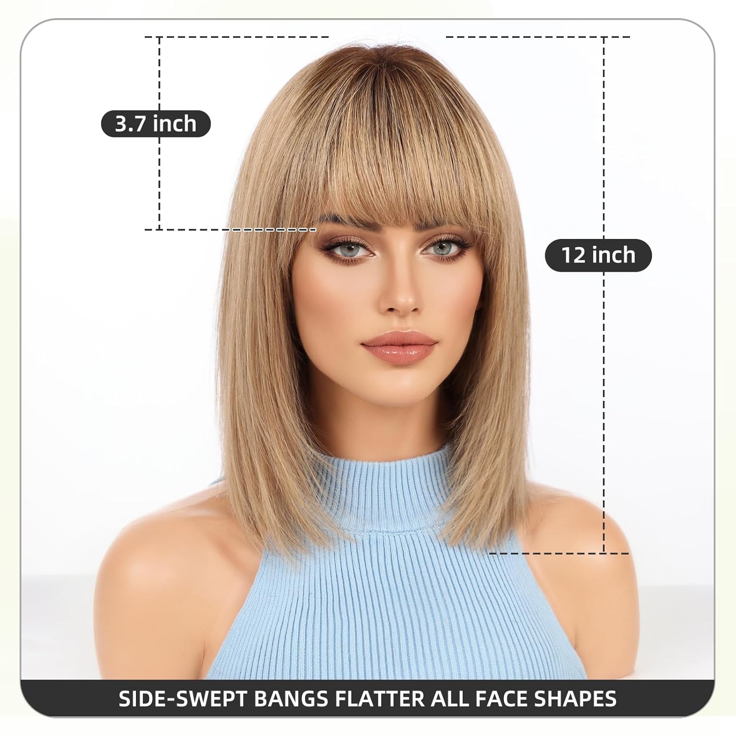 12 Inch Ombre Ash Blonde Human Hair Wig, Bob Wig Human Hair, Human Hair Wig With Bangs, Real Hair Wigs For Women, real human hair wigs