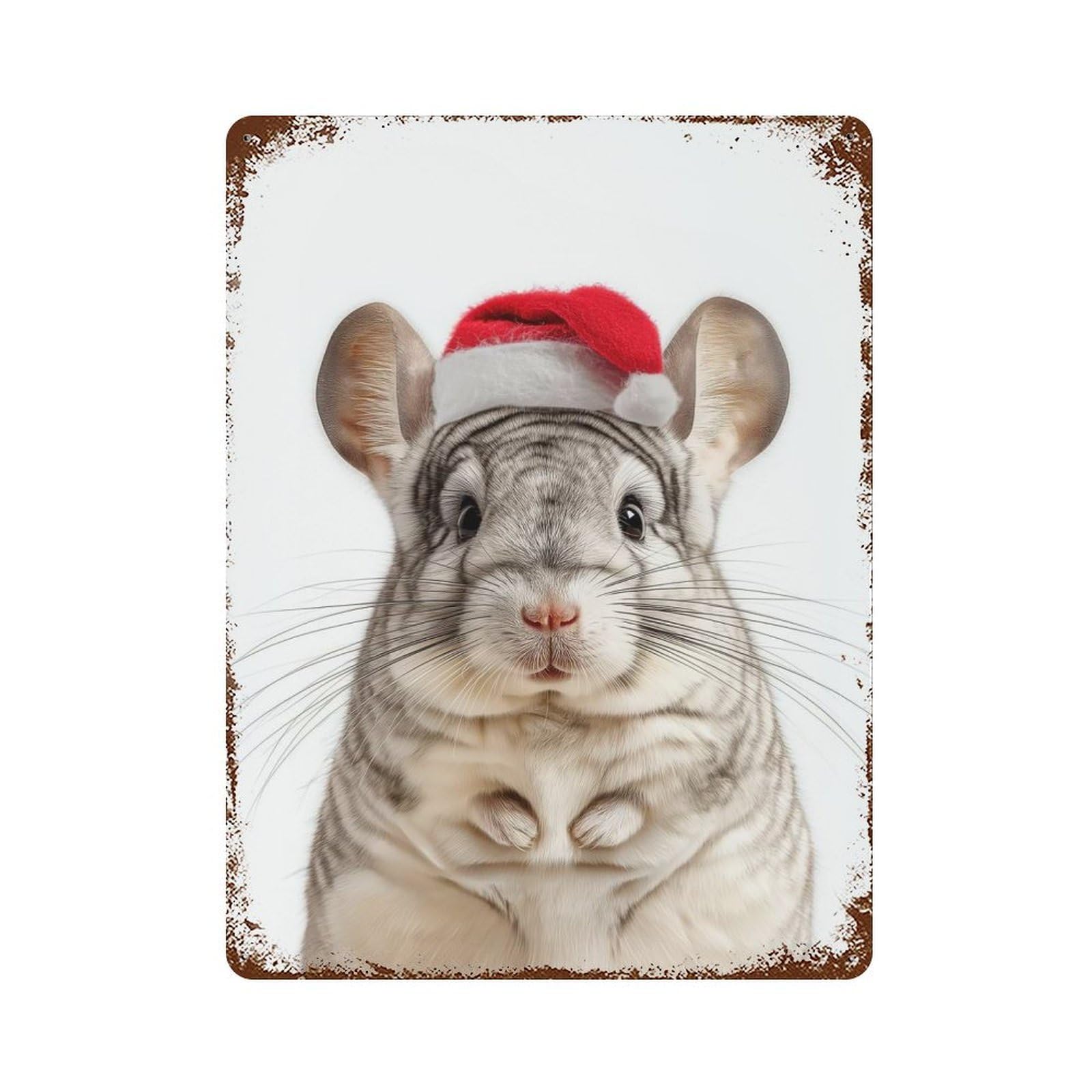 Chinchilla Wearing A Santa Hat 15.7"x11.8" Rusty Metal Tin Sign, Shabby Chic Decor for Bistro, Counter And Cafe Decor