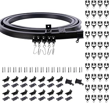 5M/16.4Ft Black Flexible Curtain Track for Bay Window, Bendable Curtain Rail Track and Fittings, Heavy Duty Wall Mounted Ceiling Curtain Track for RV Room Divider Shower Corner Black, 5 M