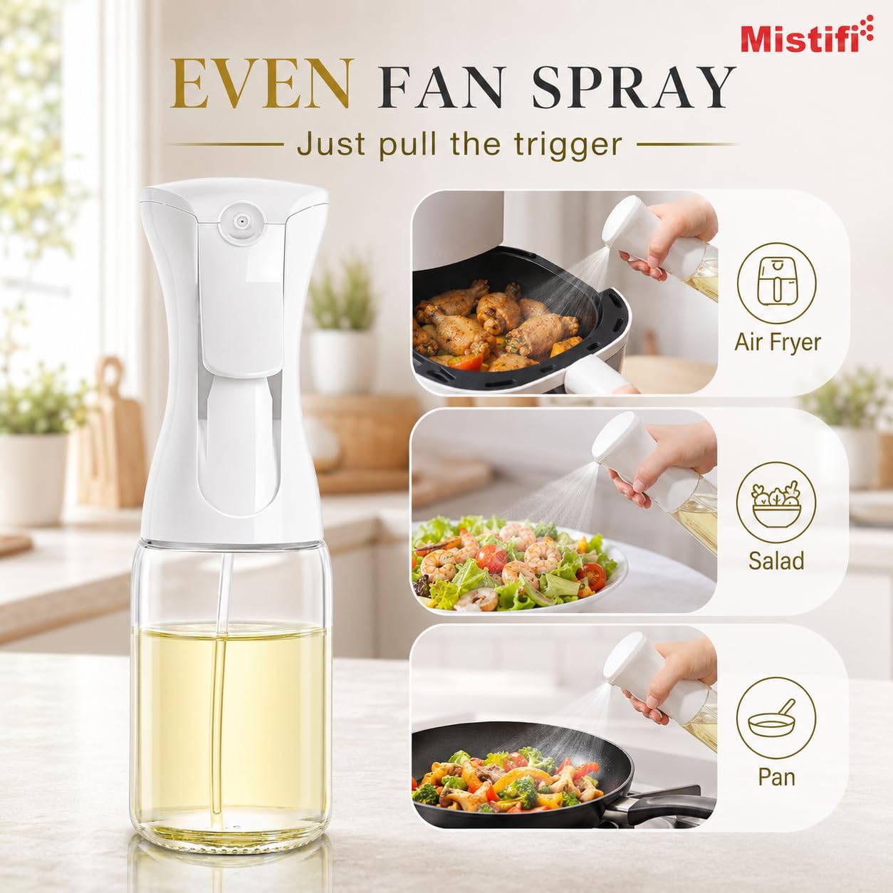 Mistifi Oil Sprayer for Cooking, 240ml Glass Olive Oil Sprayer, Fine Mist Spray Bottle for Air Fryer, Nonstick Frying, Salad, BBQ, Refillable Kitchen Oil Dispenser PS889W (240ml White Head)