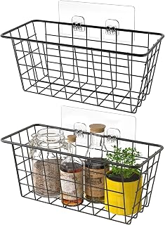 MaraFansie 2-Pack Black Wire Hanging Kitchen Baskets - No Drill Over Cabinet Door Organizer for Pantry, Bathroom, Kitchen Storage